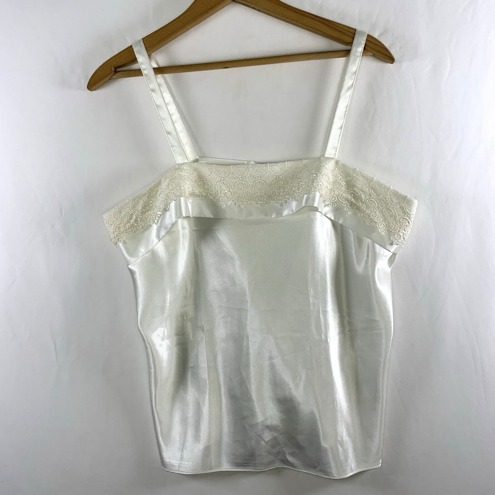 VTG Womens Square Neck Lace Trim Satin Cami Top Sz L Minimalist Old Money USA